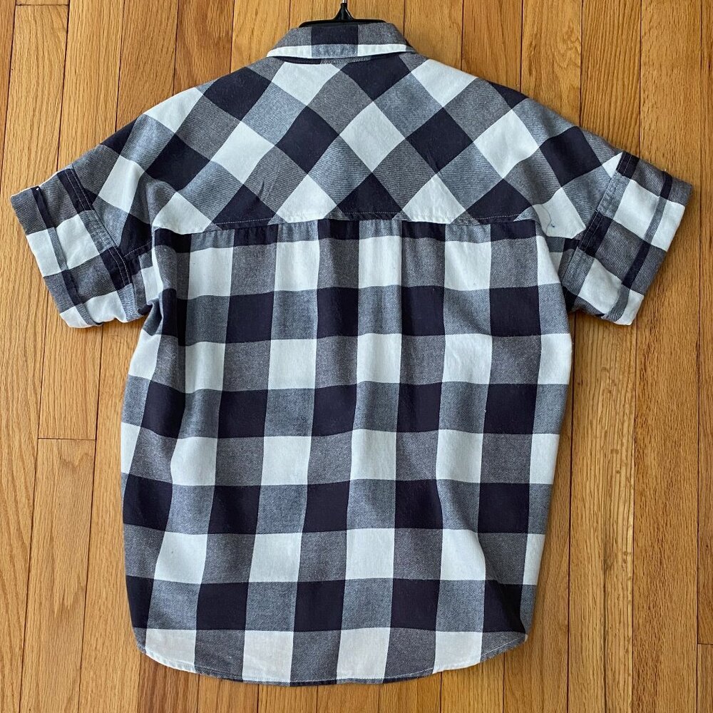 Eddie Bauer S Women's Short Sleeve B & W Buffalo Plaid Flannel Button Down Shirt